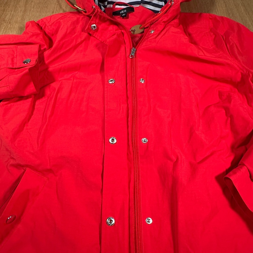 Ellos Anorak Rain Jacket Women 16 Red Hooded Striped Lining Zip Front Utility - Picture 2 of 12